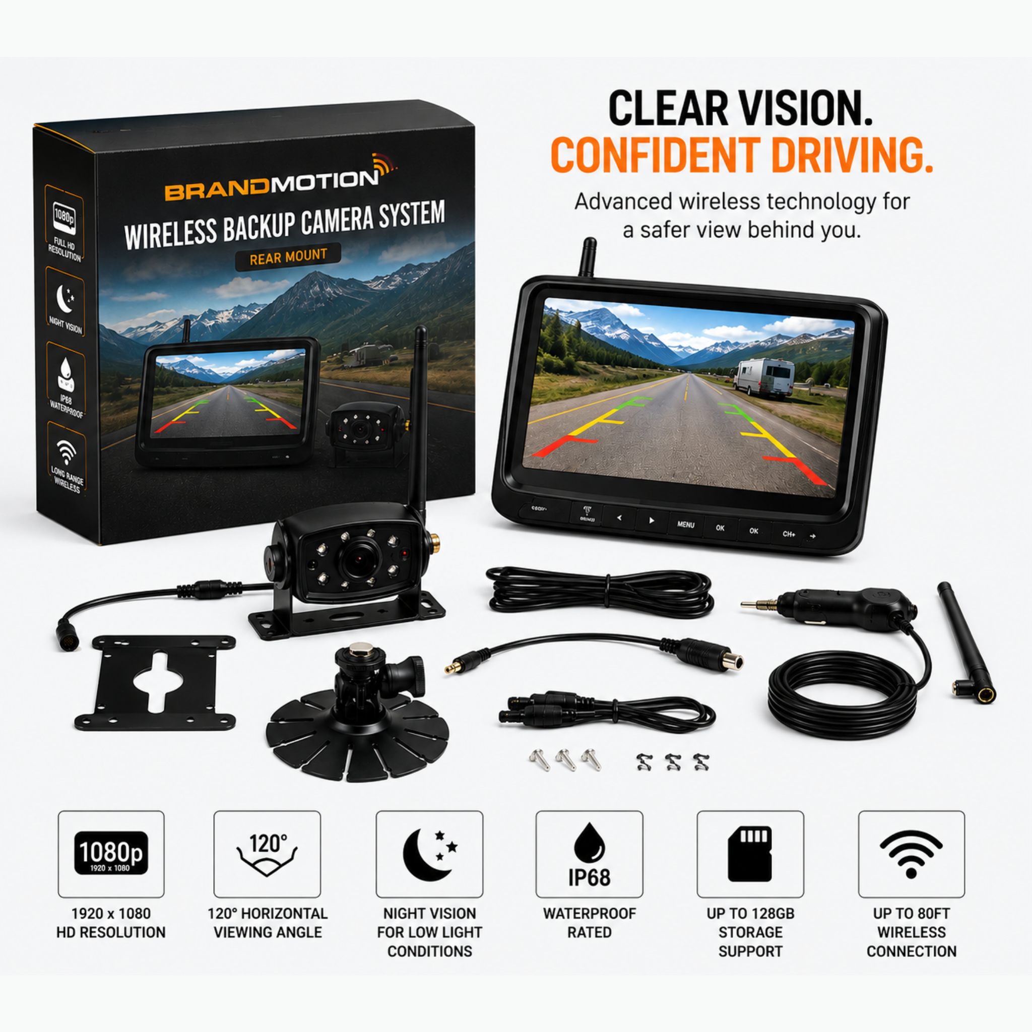 BrandMotion Wireless HD Backup Camera System with 7" Monitor
