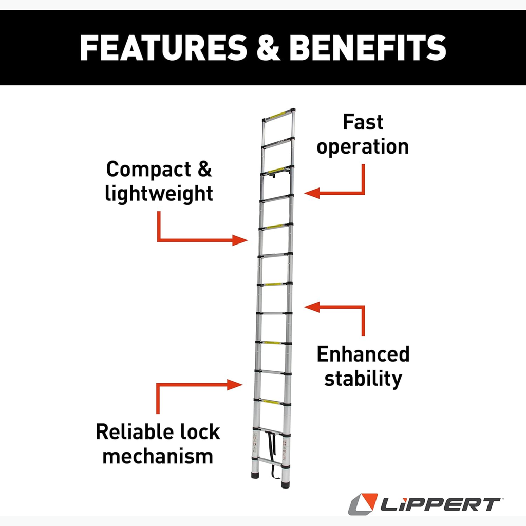 Lippert On-The-Go Telescoping RV Ladder – 12'6" / 14'6" Extension